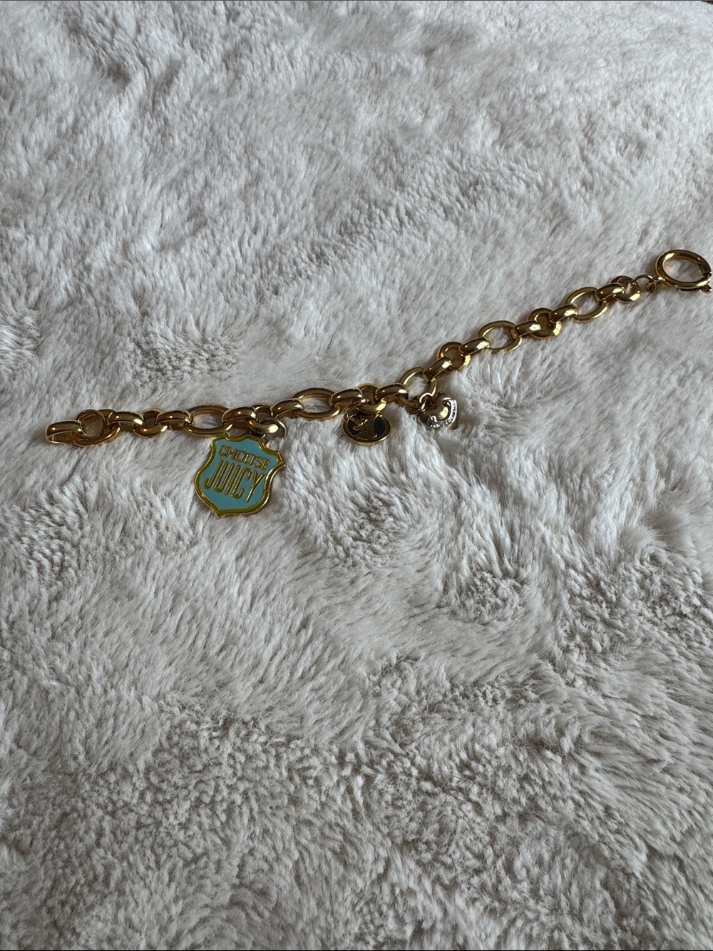 Juicy Couture Gold Link Charm Bracelet with Turquoise Enamel Shield